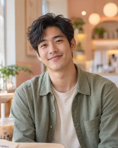 Portrait of a young man at a bubble tea café